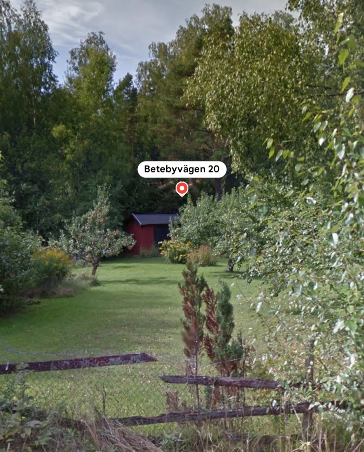 Grön trädgård med fruktträd och en liten röd byggnad bland träden